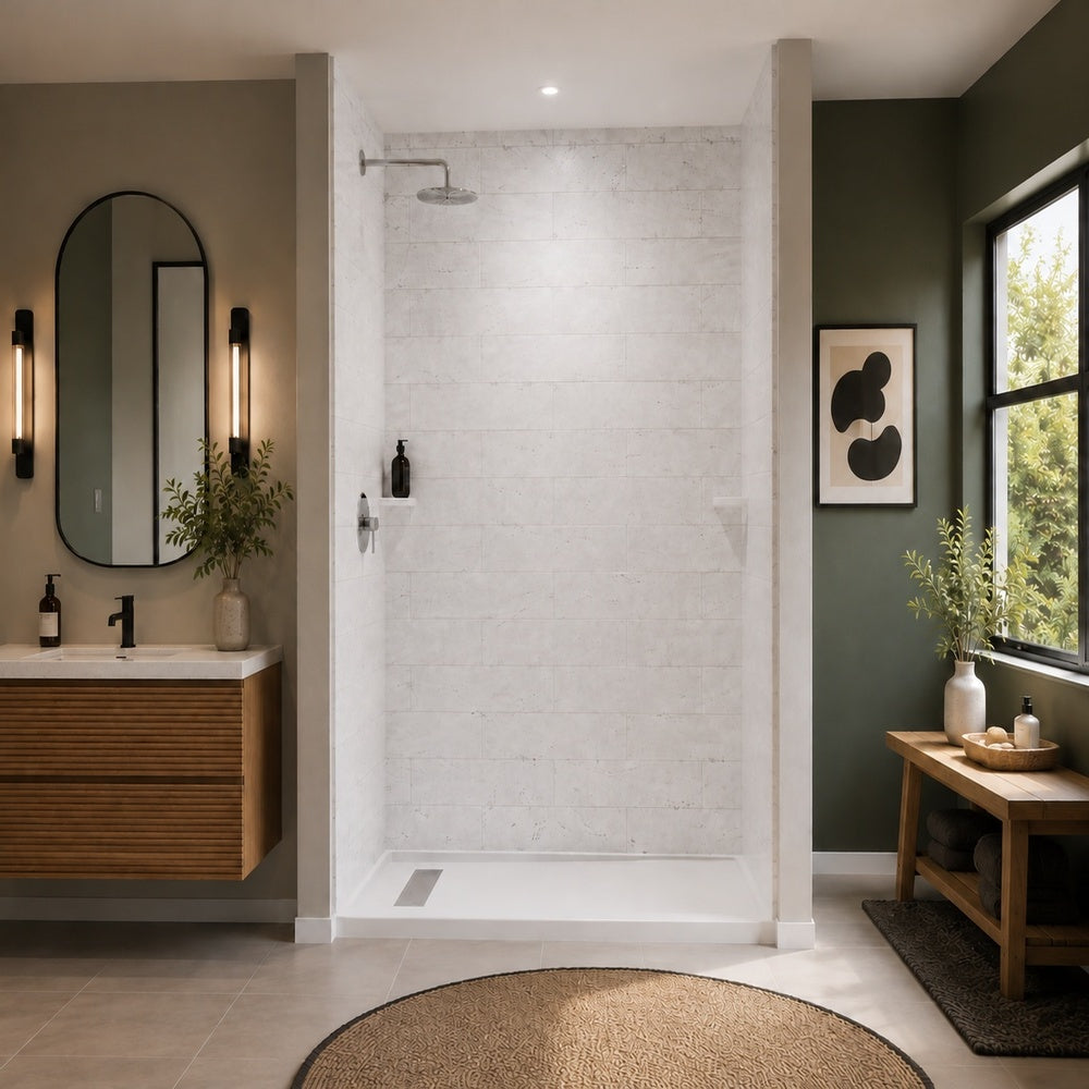 Princeton PRO 60 x 30  Porcelain Enamel Alcove Shower Base with Left-Hand Drain in White - Brushed Nickel Trench Drain 4 1/2" in. from Wet Wall