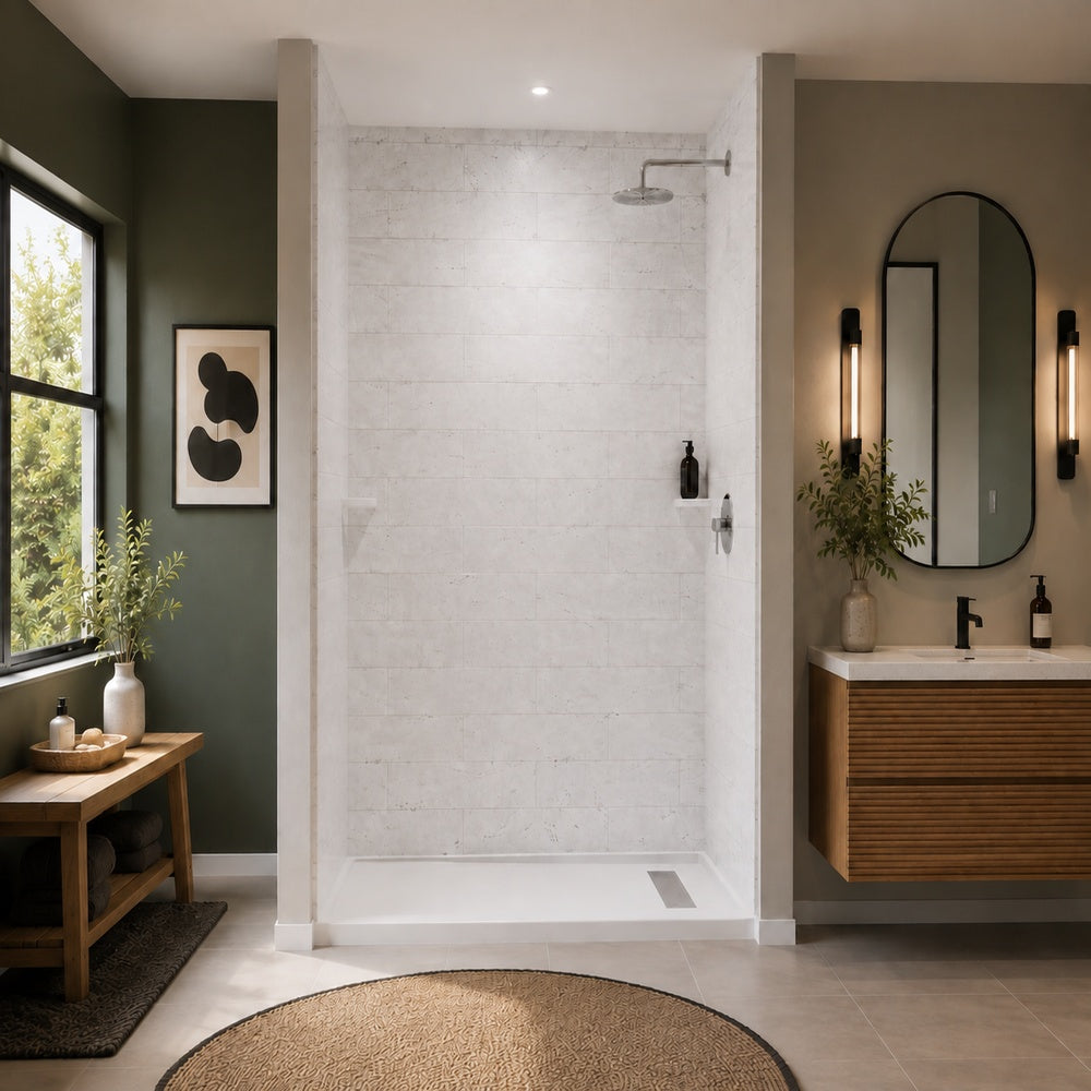 Princeton PRO 60 x 30  Porcelain Enamel Alcove Shower Base with Right-Hand Drain in White - Brushed Nickel Trench Drain 4 1/2" in. from Wet Wall