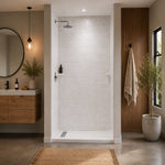 Princeton PRO 60 x 36  Porcelain Enamel Alcove Shower Base with Left-Hand Drain in White - Brushed Nickel Trench Drain 4 1/2" in. from Wet Wall
