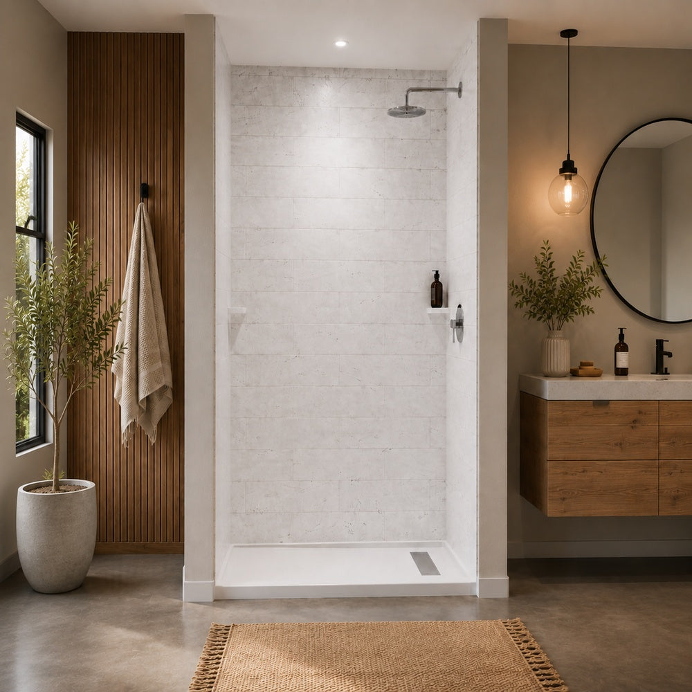 Princeton PRO 60 x 36  Porcelain Enamel Alcove Shower Base with Right-Hand Drain in White - Brushed Nickel Trench Drain 4 1/2" in. from Wet Wall