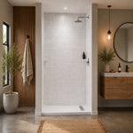 Princeton PRO 60 x 36  Porcelain Enamel Alcove Shower Base with Right-Hand Drain in White - Brushed Nickel Trench Drain 4 1/2" in. from Wet Wall