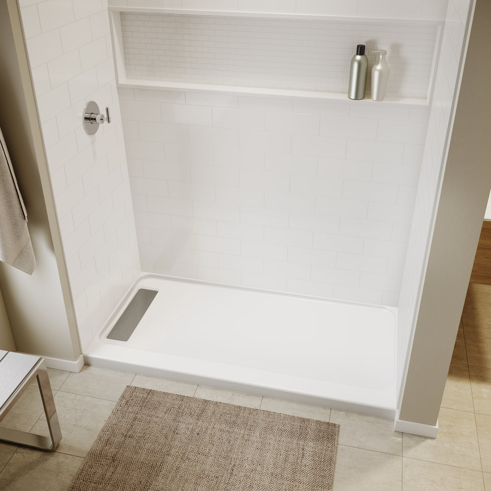 Princeton PRO 60 x 30  Porcelain Enamel Alcove Shower Base with Left-Hand Drain in White - Matte Black Trench Drain 4 1/2" in. from Wet Wall