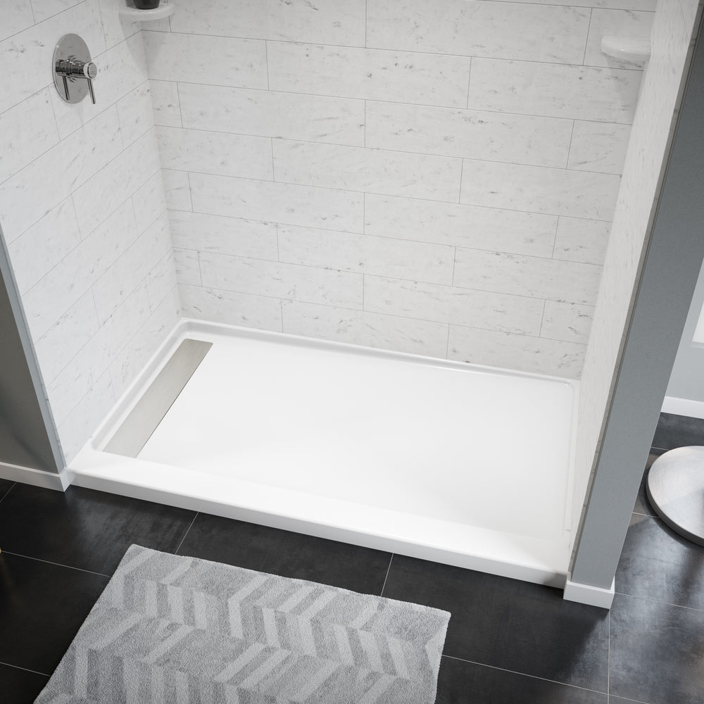 Princeton Americast 60 x 36  Alcove Shower Base with Left-Hand Drain in White - Brushed Nickel Trench Drain 4 1/2" in. from Wet Wall