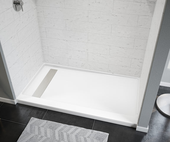 Princeton PRO 60 x 34  Porcelain Enamel Alcove Shower Base with Left-Hand Drain in White - Matte Black Trench Drain 8 1/2" in. from Wet Wall