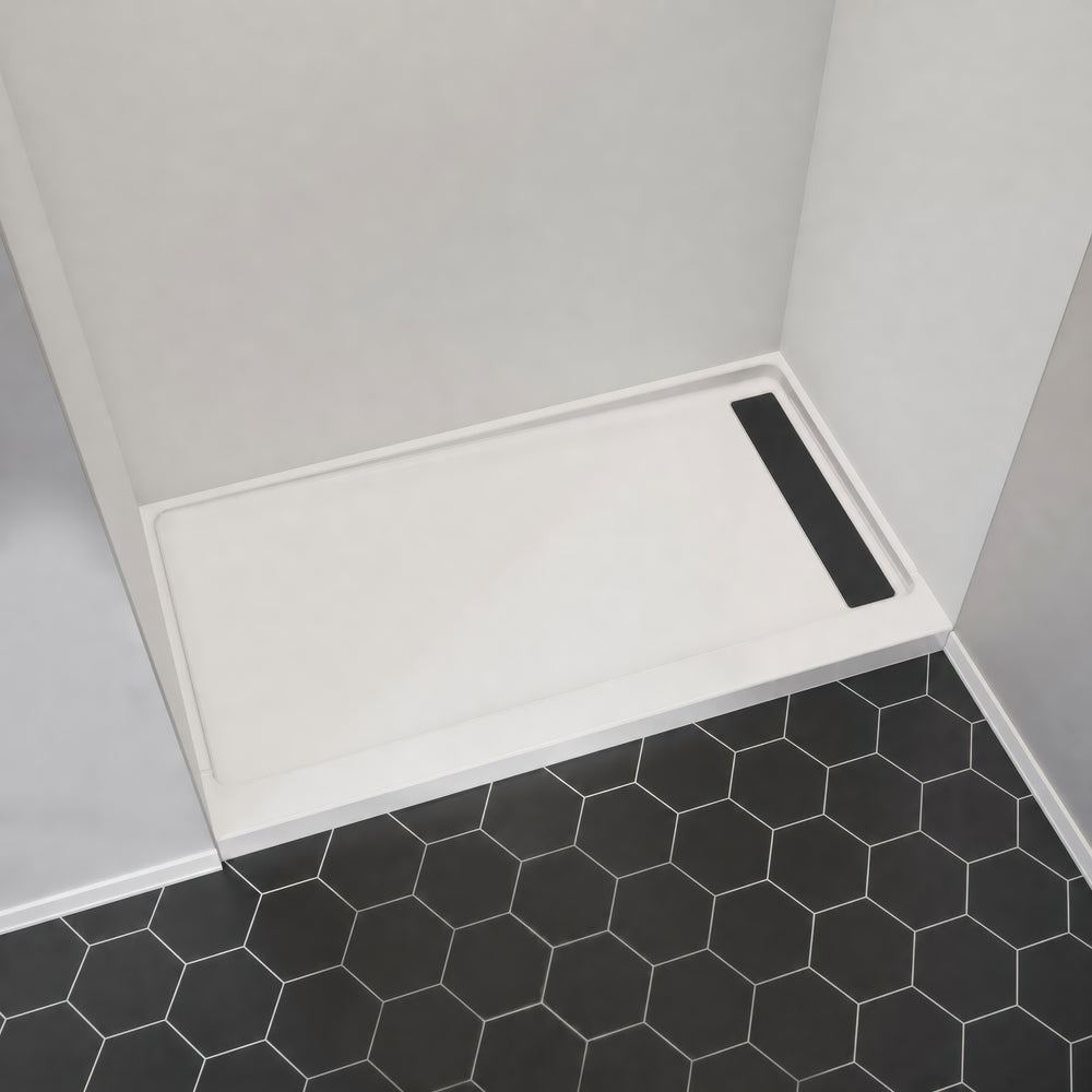 Princeton PRO 60 x 30  Porcelain Enamel Alcove Shower Base with Right-Hand Drain in White - Matte Black Trench Drain 4 1/2" in. from Wet Wall