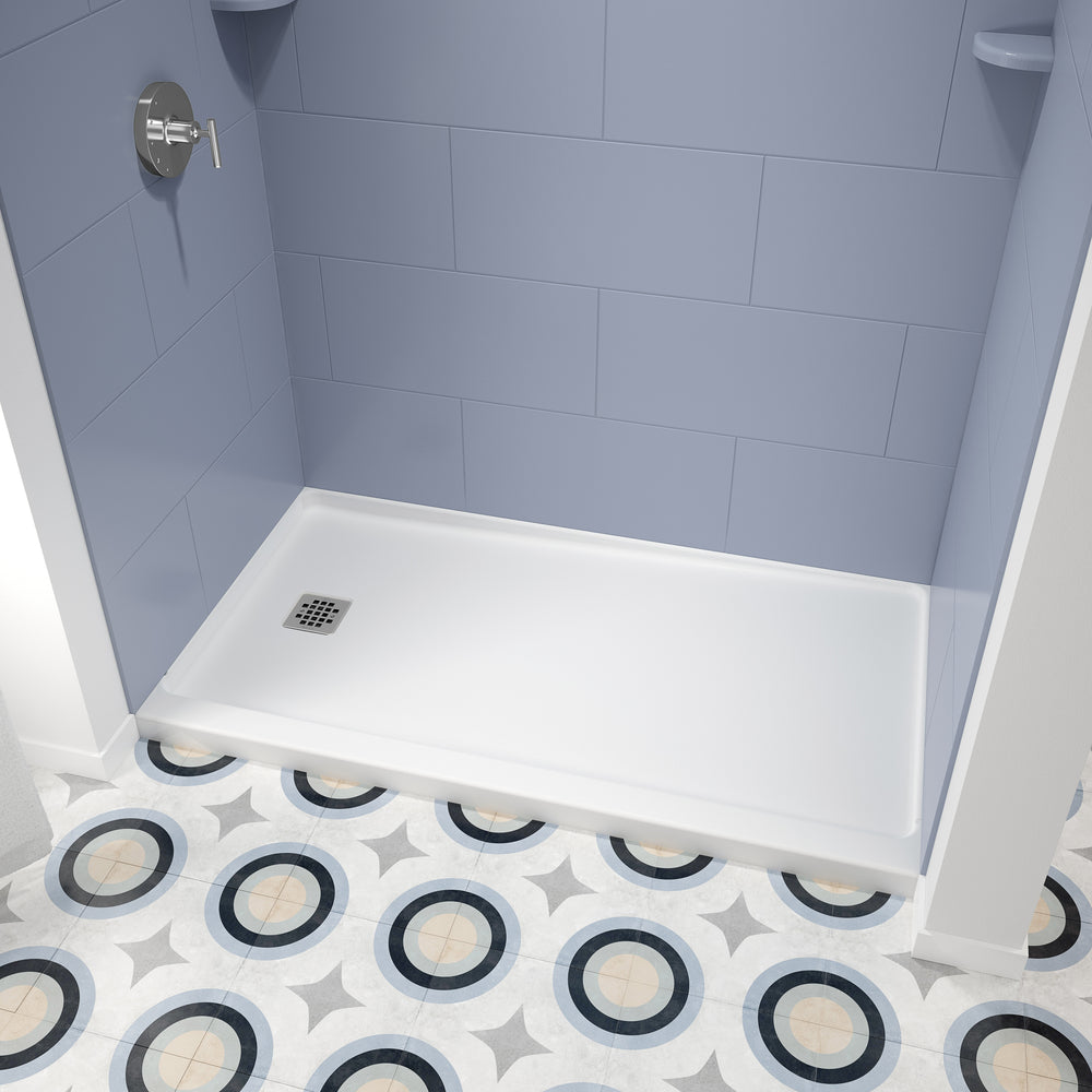 Princeton Americast 60 x 30 x 3  Alcove Shower Base with Left-Hand Drain in White - Square Drain in Chrome