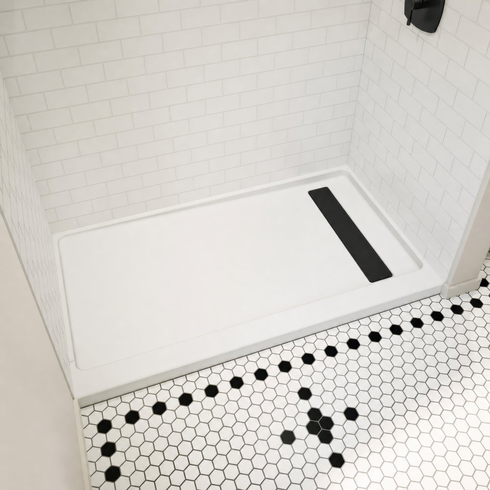 Princeton PRO 60 x 34  Porcelain Enamel Alcove Shower Base with Right-Hand Drain in White - Matte Black Trench Drain 8 1/2" in. from Wet Wall