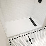 Princeton PRO 60 x 34  Porcelain Enamel Alcove Shower Base with Right-Hand Drain in White - Matte Black Trench Drain 8 1/2" in. from Wet Wall
