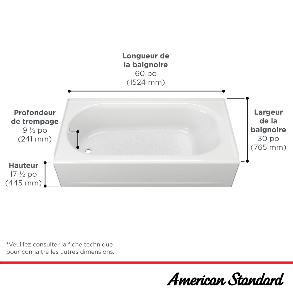 Princeton® PRO Steel 60 x 32-inch Above Floor Rough Integral Apron Bathtub with Right-Hand Outlet