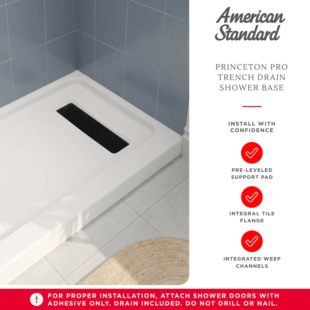 Princeton PRO 60 x 32  Porcelain Enamel Alcove Shower Base with Right-Hand Drain in White - Matte Black Trench Drain 8 1/2" in. from Wet Wall