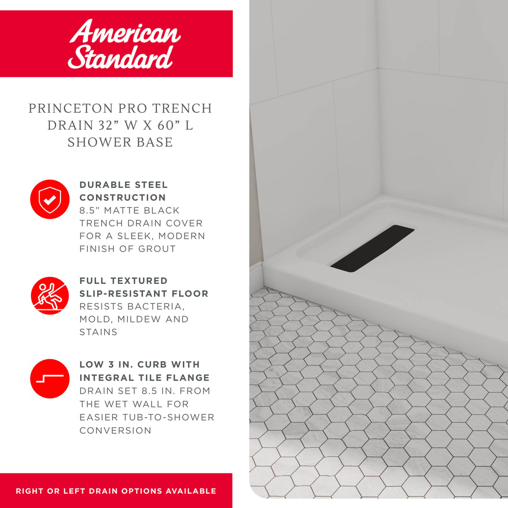 Princeton PRO 60 x 32  Porcelain Enamel Alcove Shower Base with Left-Hand Drain in White - Matte Black Trench Drain 8 1/2" in. from Wet Wall