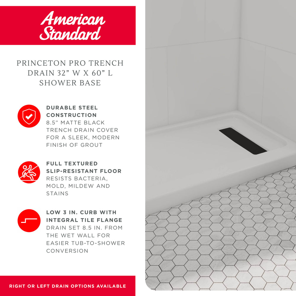 Princeton PRO 60 x 32  Porcelain Enamel Alcove Shower Base with Right-Hand Drain in White - Matte Black Trench Drain 8 1/2" in. from Wet Wall